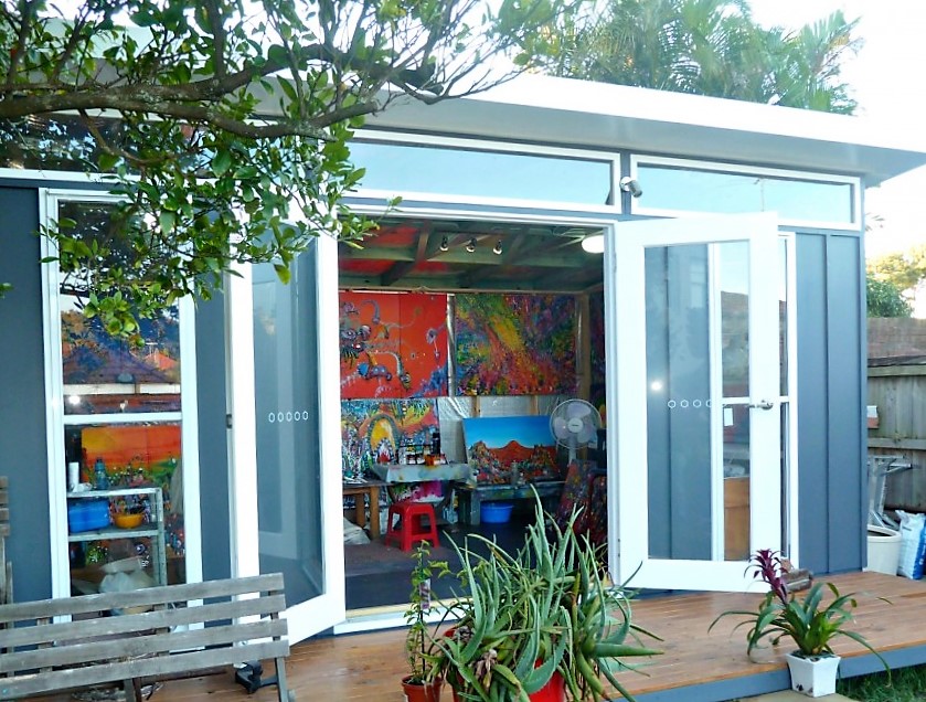 David's large & colourful backyard art studio in North Sydney.